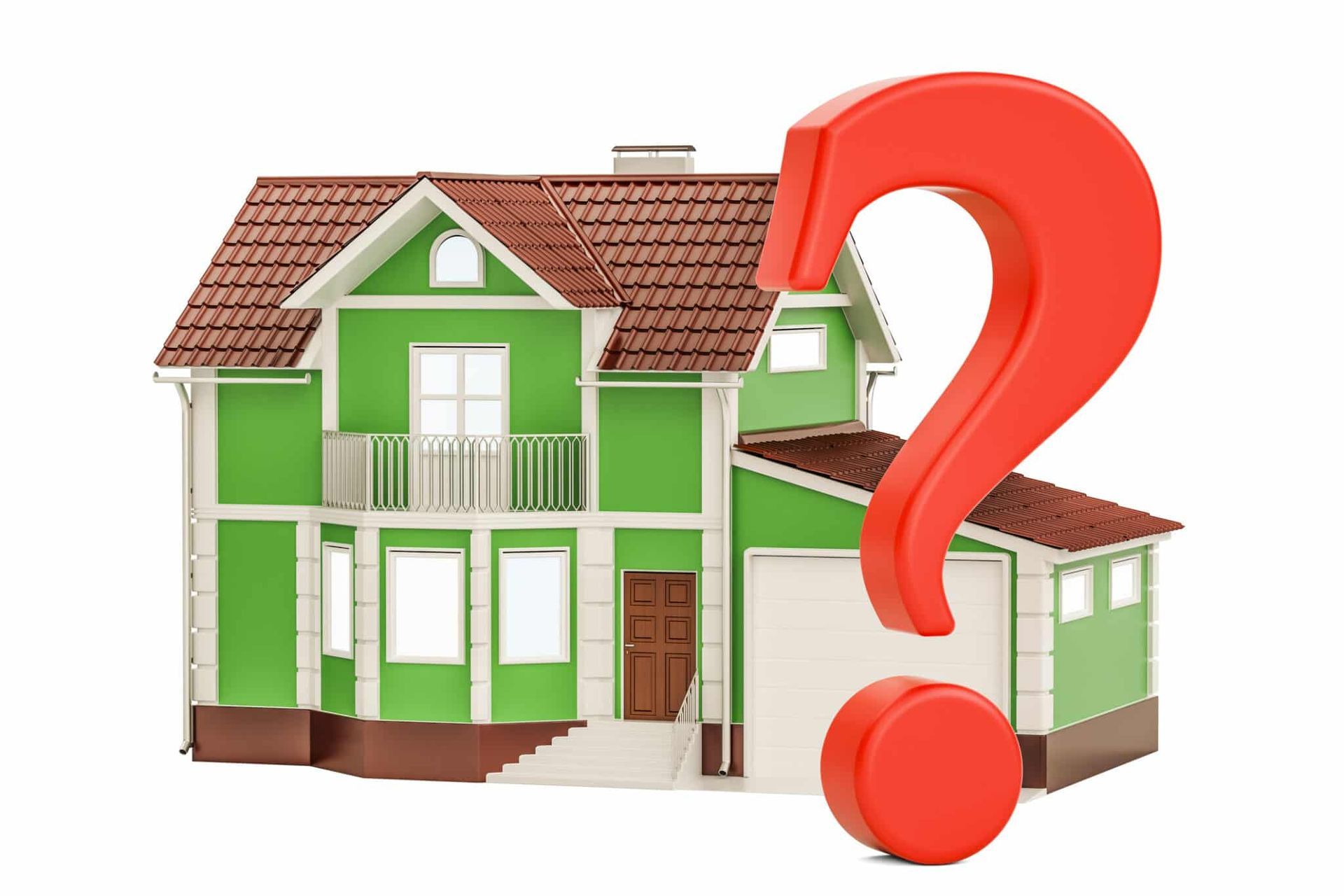Green house with brown roof and a large red question mark.