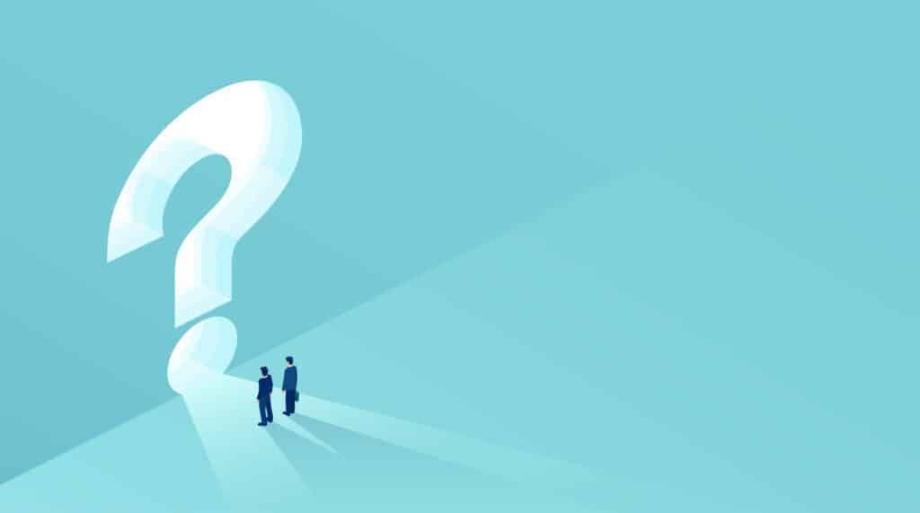 Two figures stand facing a large white question mark on a light blue background, under its shadow.