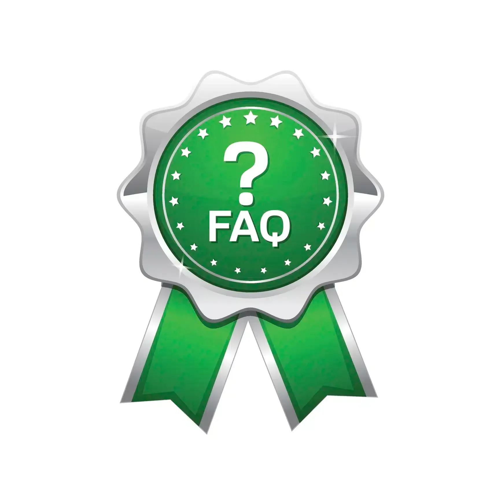 Green and silver FAQ ribbon with a question mark.