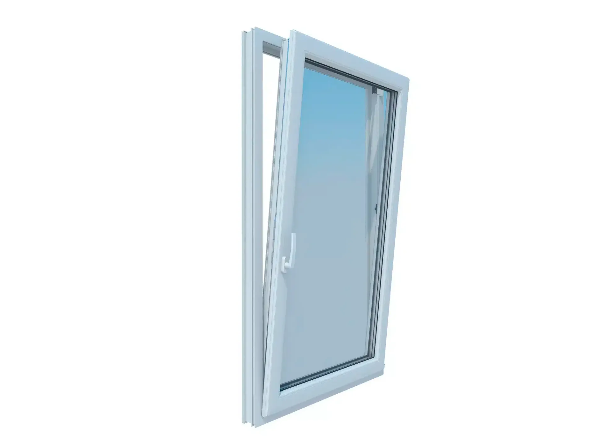 White tilt-and-turn window, partially open, showing a blue sky through the glass.