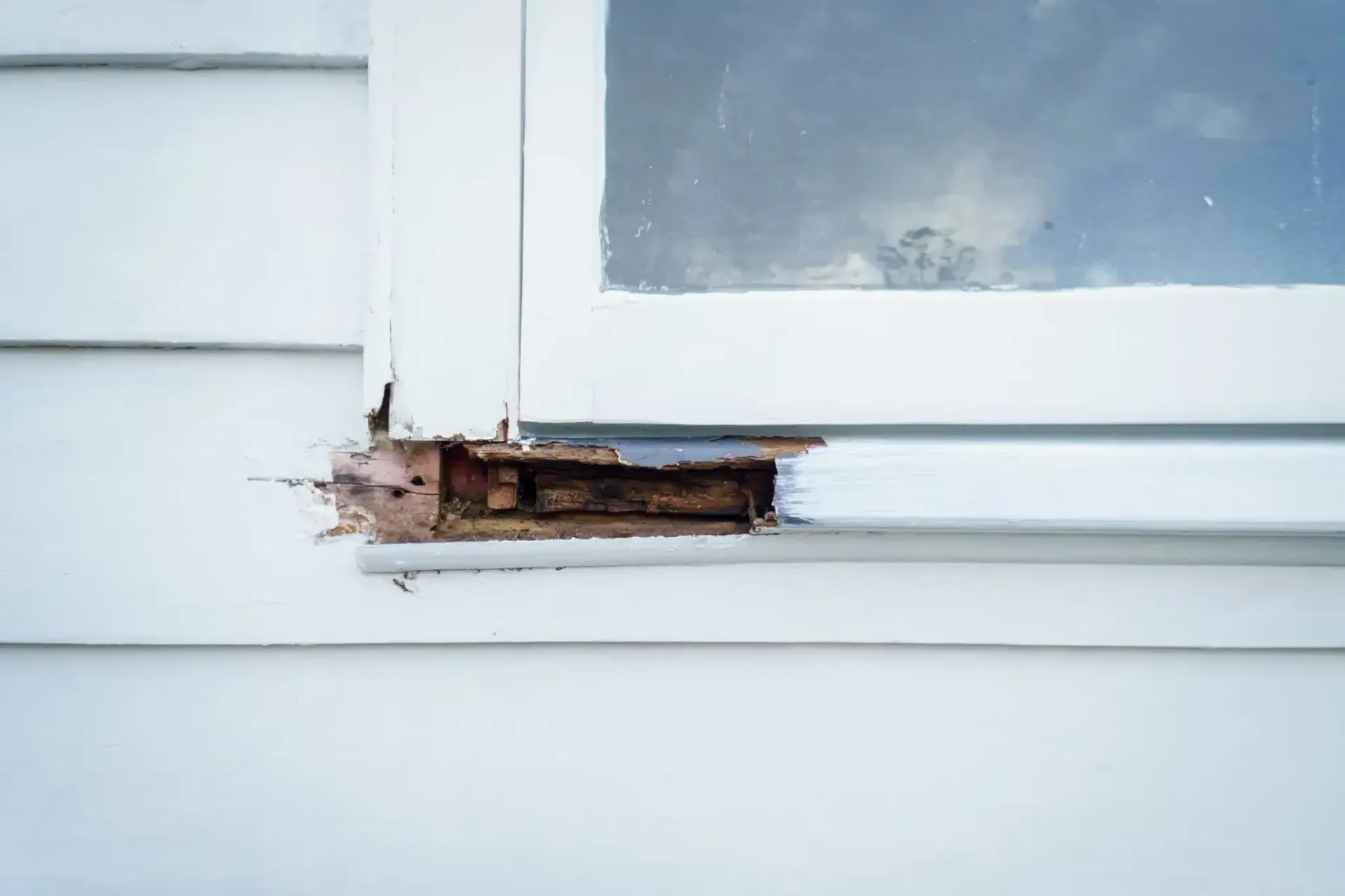 White house siding with damaged window frame and exposed wood.