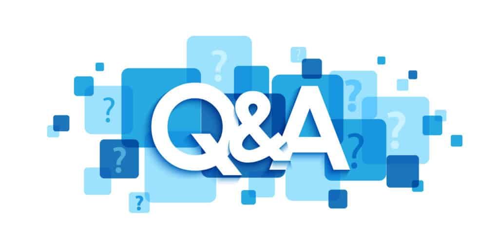Q&A in white text over blue squares and question marks.