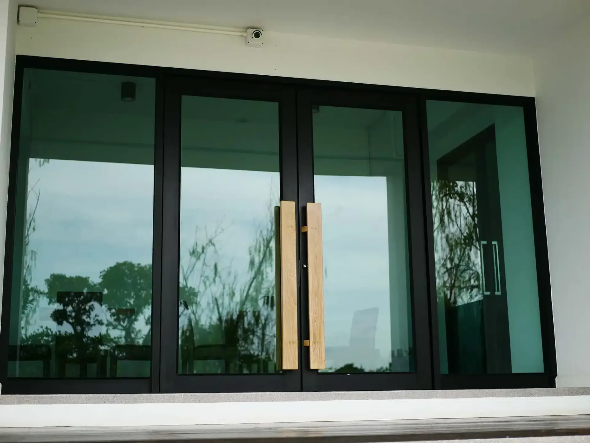 Hinged doors with black frames and wooden handles, reflecting outdoor scenery.