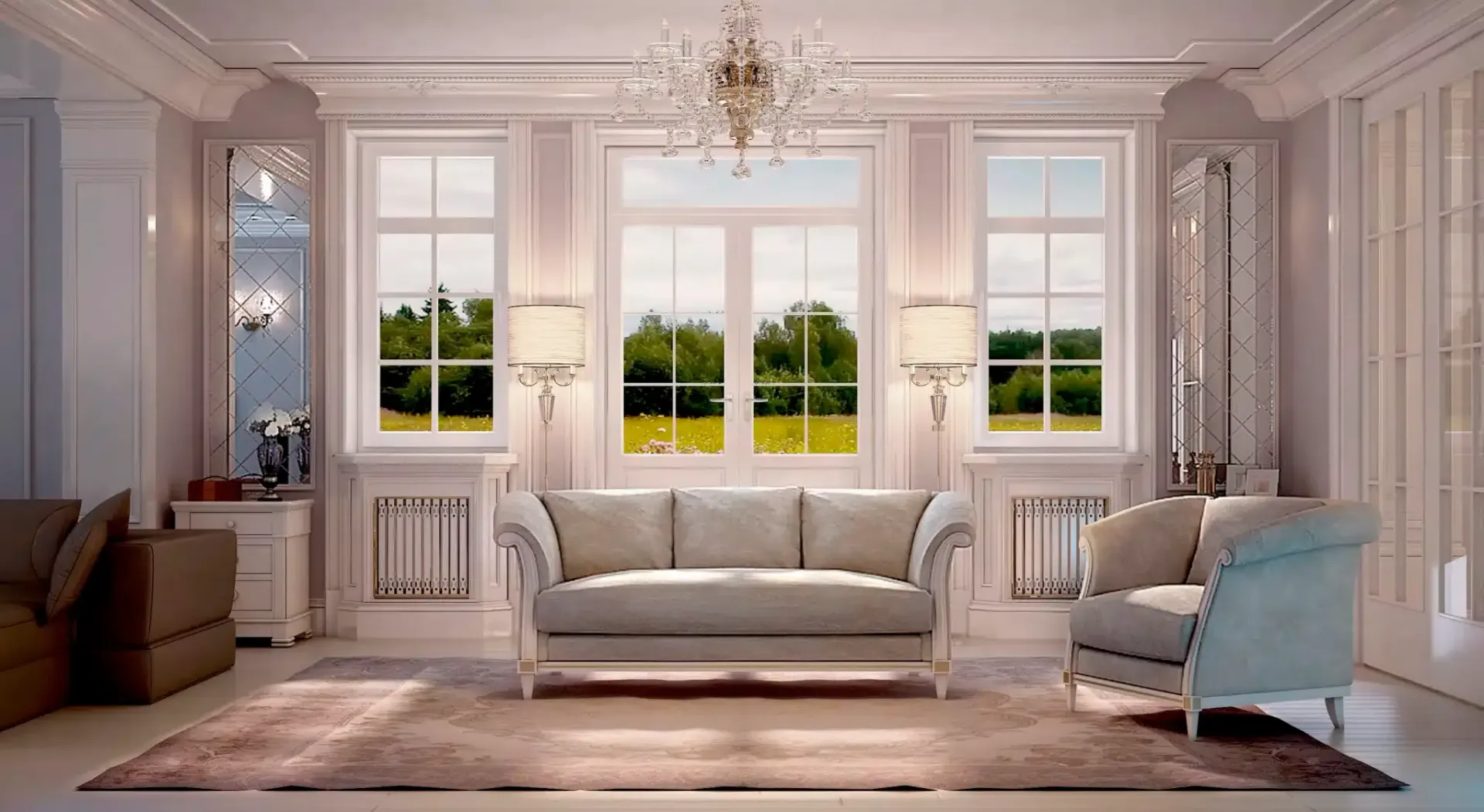 Luxurious living room with light-colored sofa and armchair, facing a bright outdoor view through large windows.