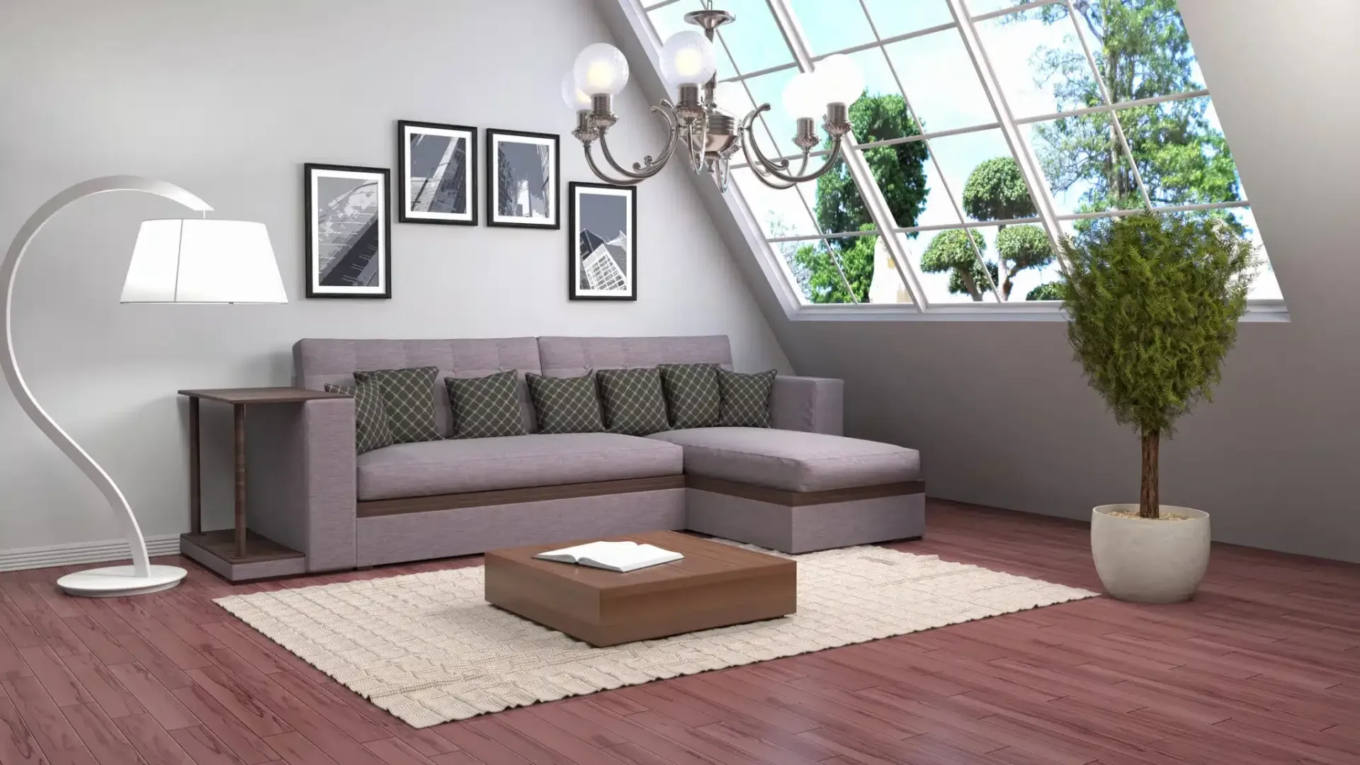 Living room with gray sectional sofa, arched lamp, coffee table, and large window.