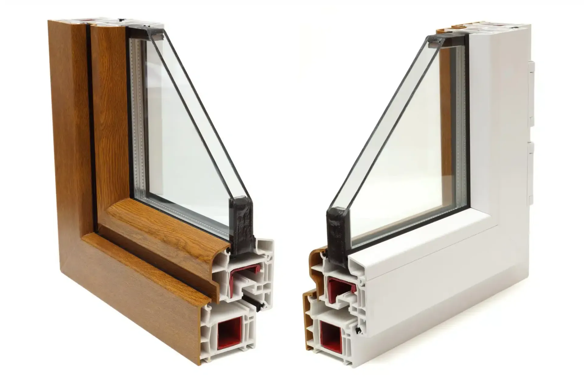Cross-section of two double-paned windows: one brown, one white. Shows frame and glass layers.
