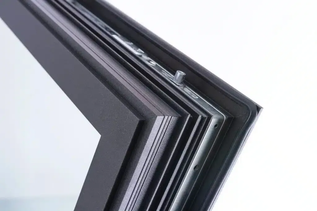 Close-up of a black window frame, showing multi-paned glass and a metal hinge.