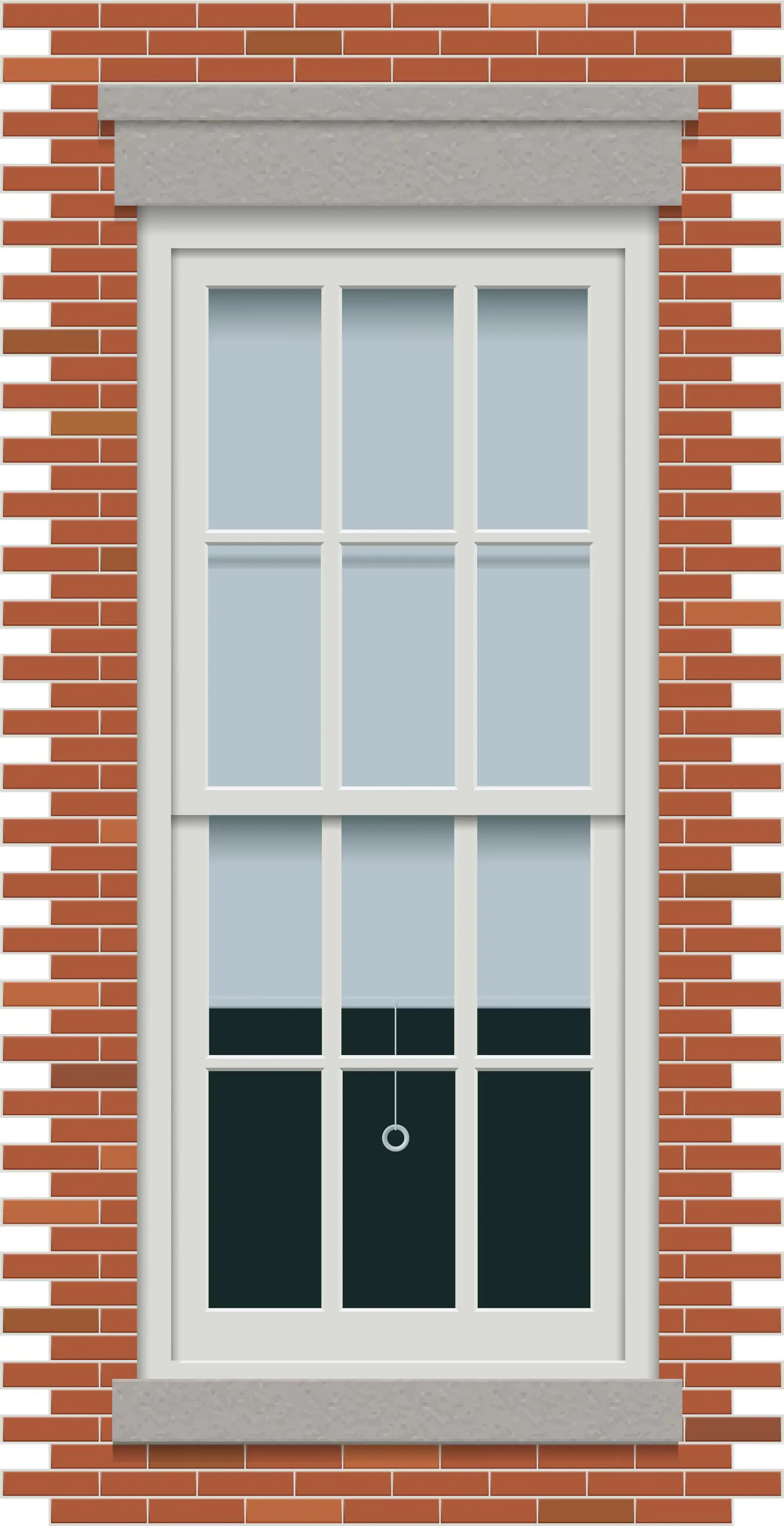 Tall, white-framed window on a red brick wall, with a grey stone sill and lintel.