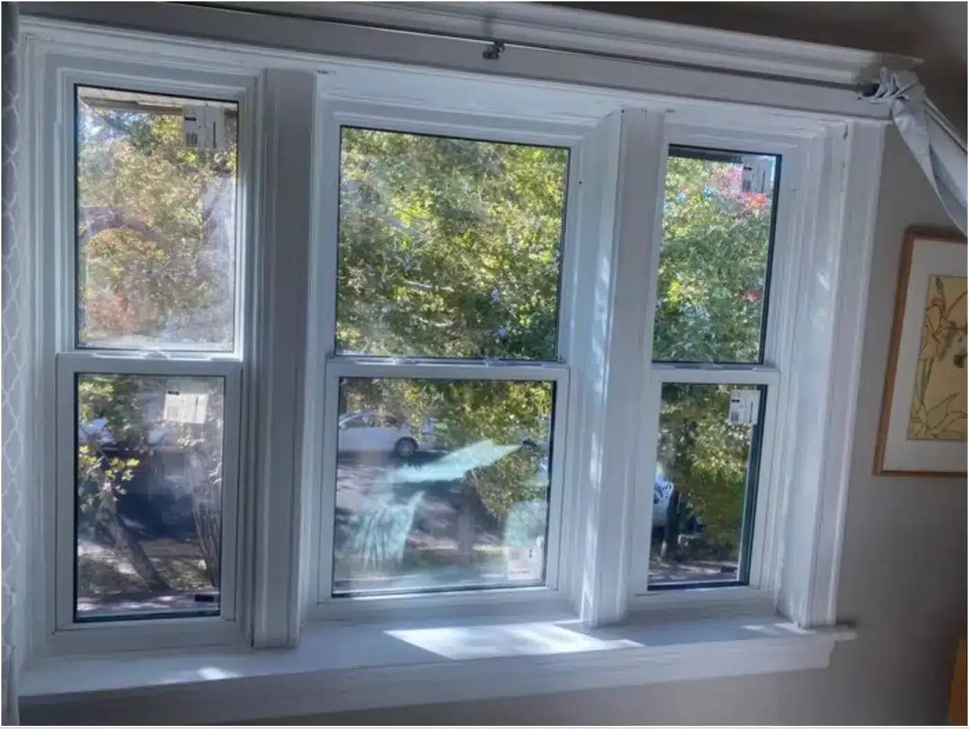 Three white-framed windows with views of trees and sunlight streaming in, seen from inside a room.