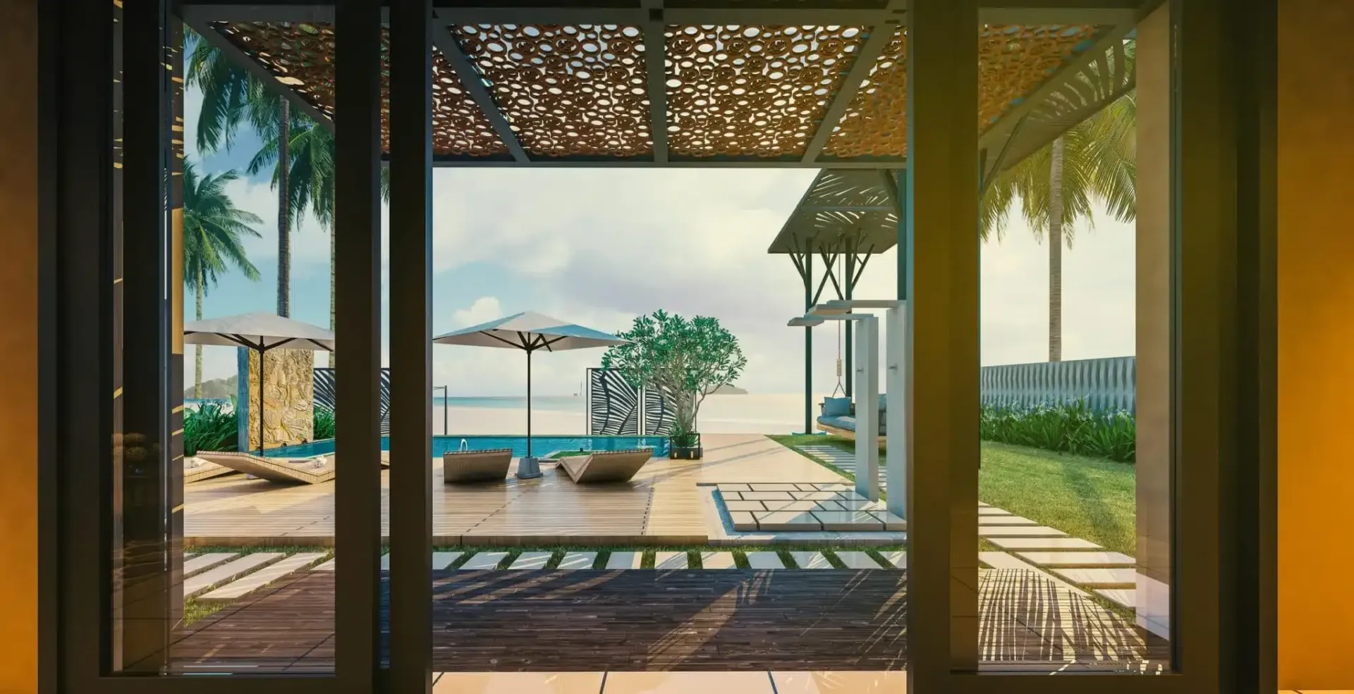 View through open doors to tropical beach scene with pool and gazebos, bright sunlight.