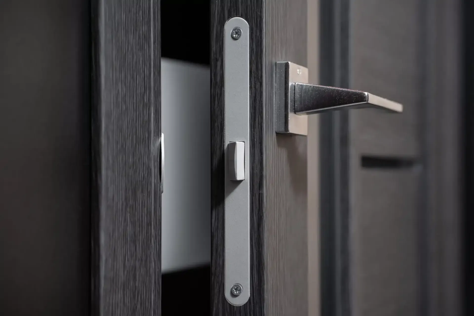 Dark gray door with silver handle and latch partially open.