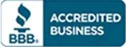 BBB Accredited Business logo. White text on teal background, torch symbol.