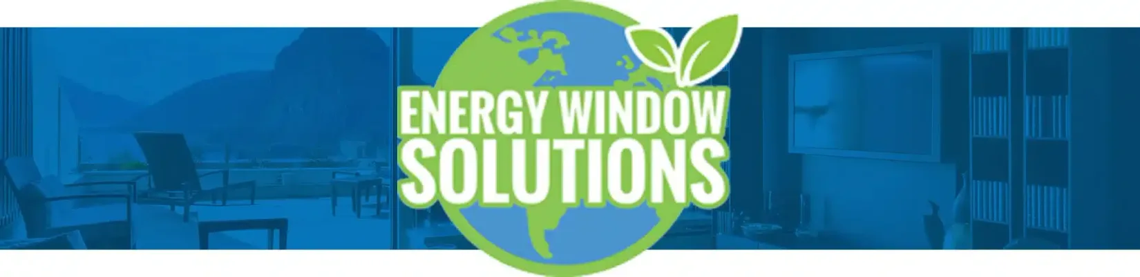 Logo for Energy Window Solutions featuring an earth graphic, leaves, and text against a blue background.