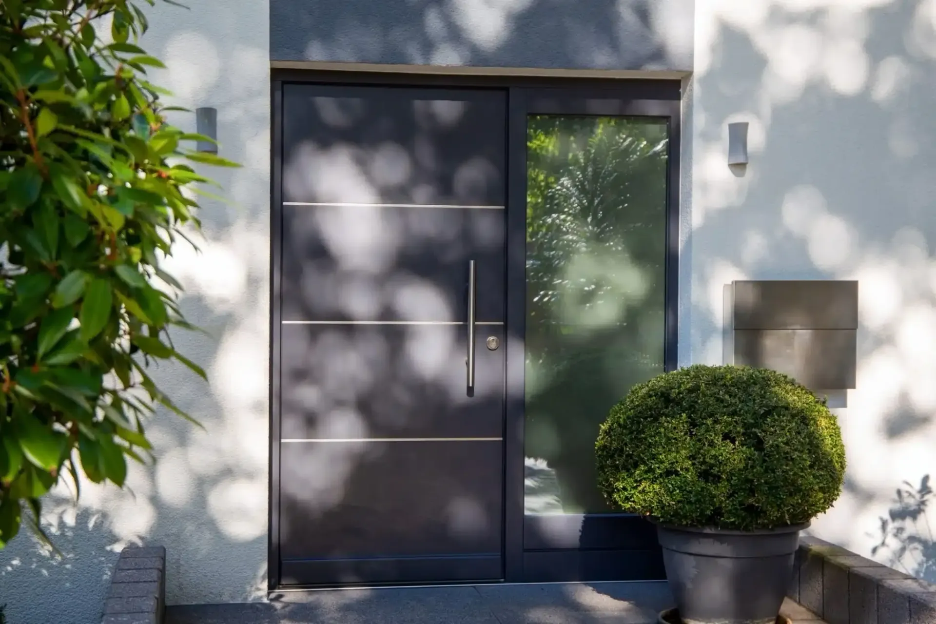 Dark gray front door with glass sidelight and potted green shrub.