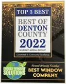 Award plaque: Energy Window Solutions, Best Window Company, Best of Denton County 2022, Top 3.