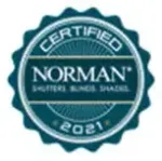 Blue and white Norman certified logo for shutters, blinds, and shades, with a 2021 date.
