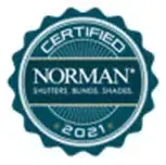 Blue and white Norman certified logo for shutters, blinds, and shades, with a 2021 date.