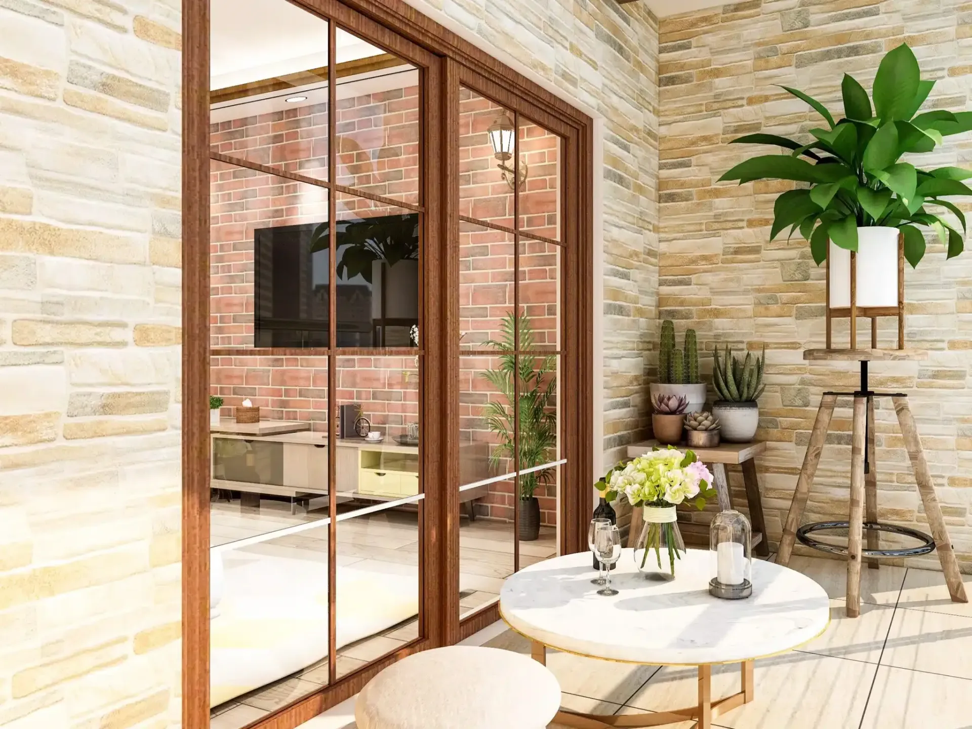 Balcony with round table, plants, and glass doors reflecting the interior living space.