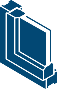 Blue cross-section diagram of a window frame, showing the frame and a pane of glass.