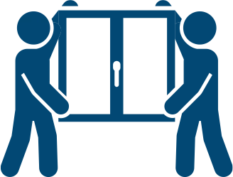 Two figures carrying a window, blue on white background.