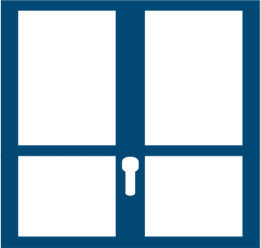 Blue double door with a keyhole, white panes.