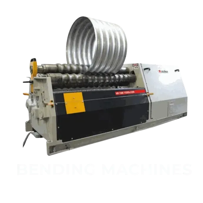 A machine is rolling a large metal pipe on a white background.