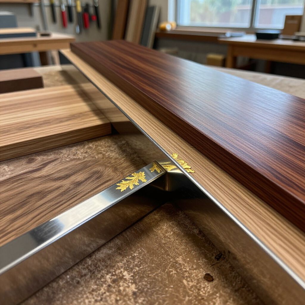 Uno strumento quadrato lucido che controlla l'angolo di due assi di legno con venature diverse.