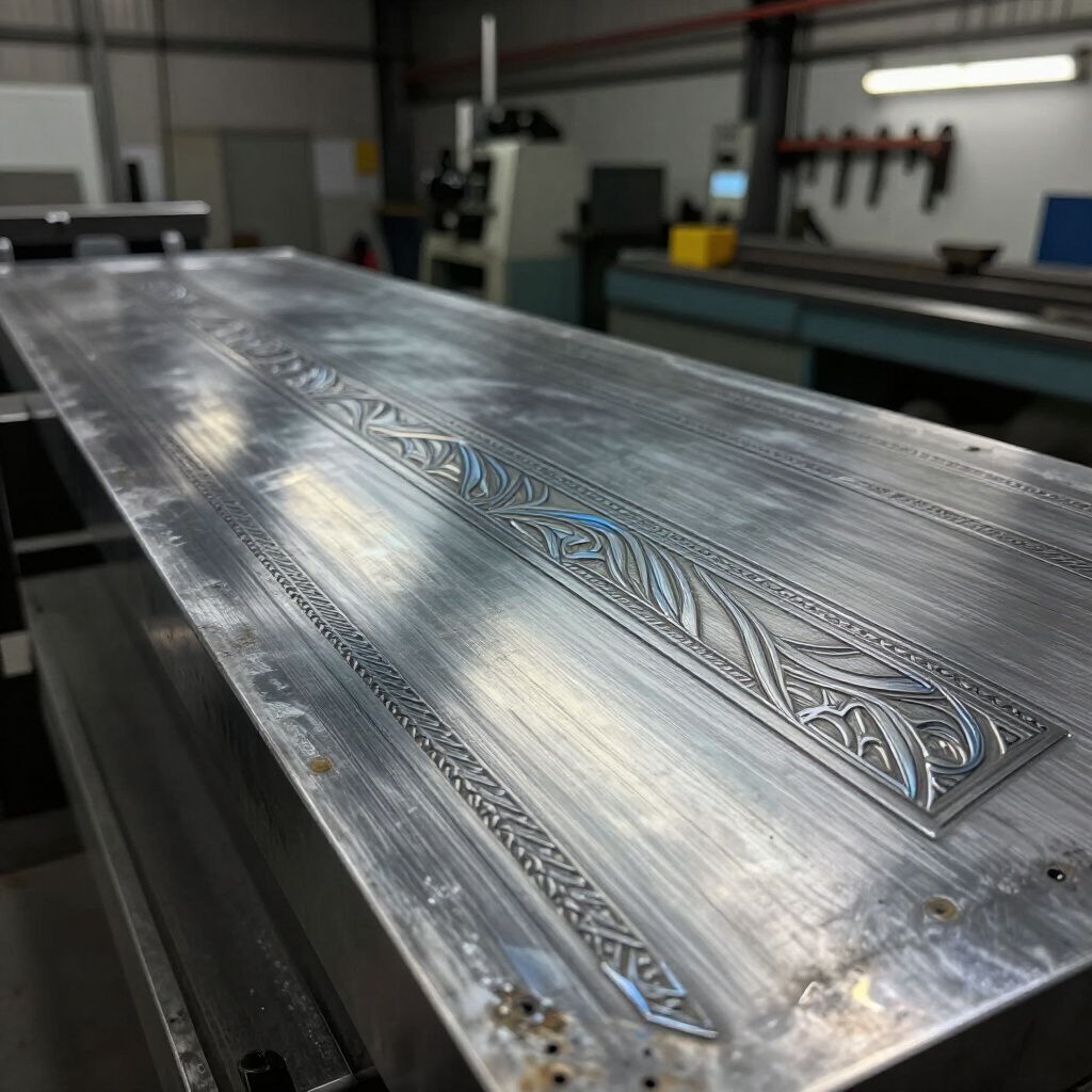 Piastra metallica con disegni tribali incisi in un ambiente di laboratorio.