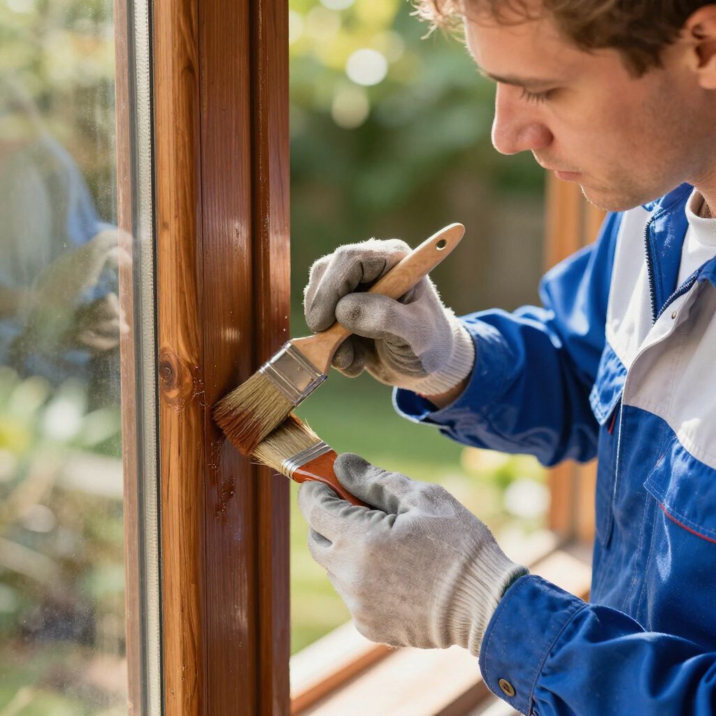 Persona che indossa guanti mentre dipinge il telaio della finestra con due pennelli.