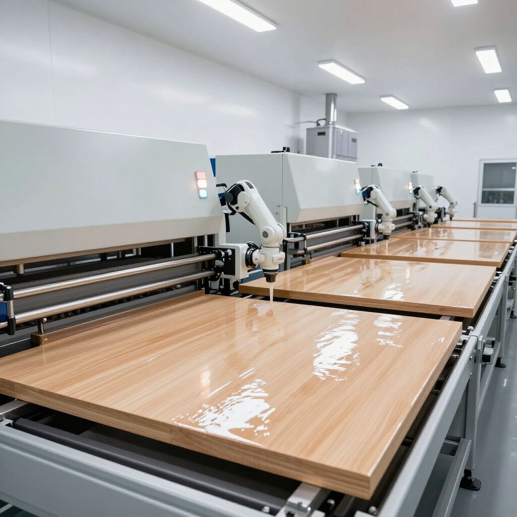 Bracci robotici che applicano un rivestimento lucido a pannelli di legno in un ambiente di fabbrica.