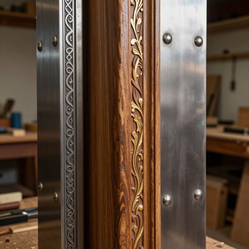 Primo piano di un pilastro di legno con dettagli in metallo, impreziosito da dettagli dorati e argentati e rivetti.