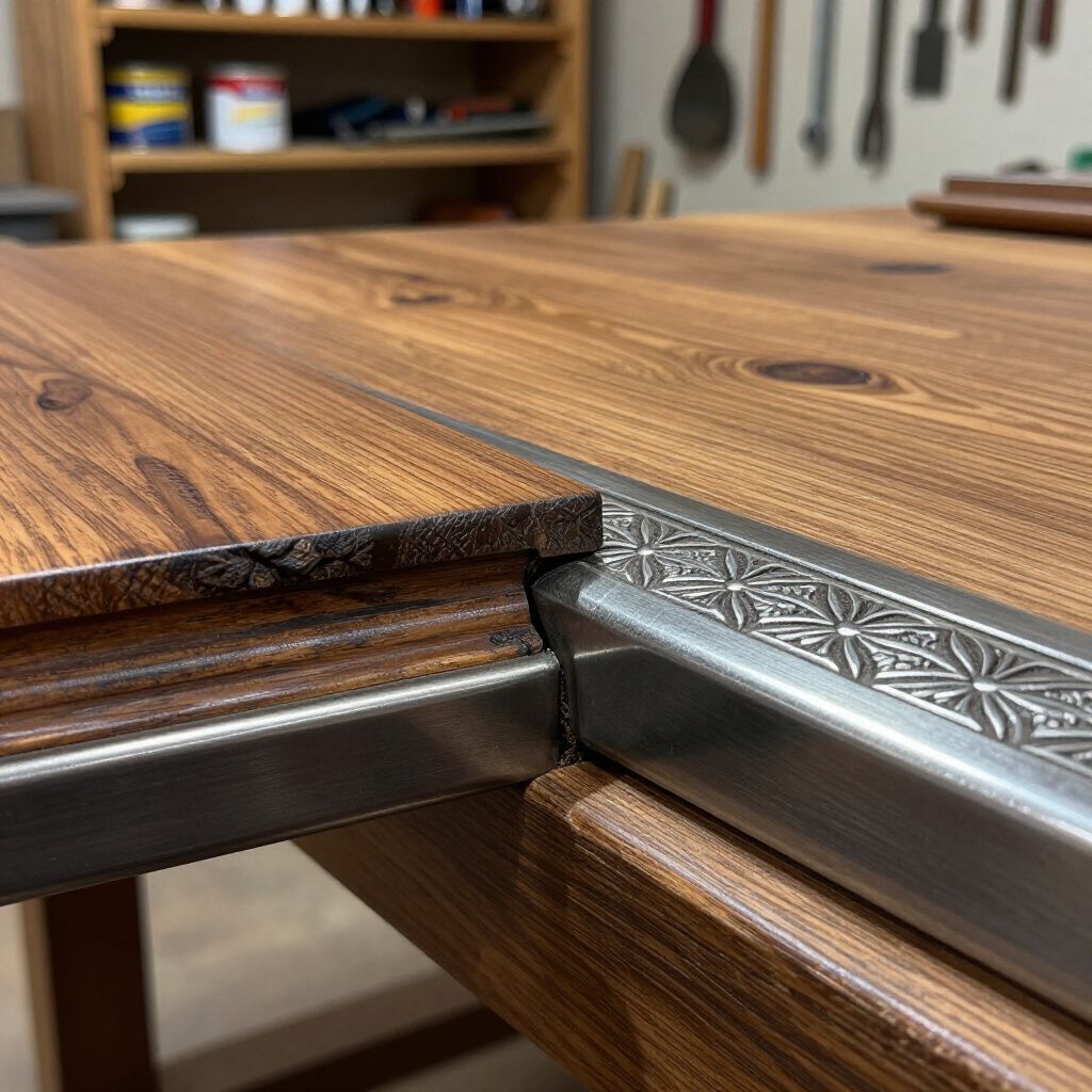 Primo piano di un angolo di tavolo in legno con una fascia decorativa in metallo. Il legno ha una ricca tonalità marrone.