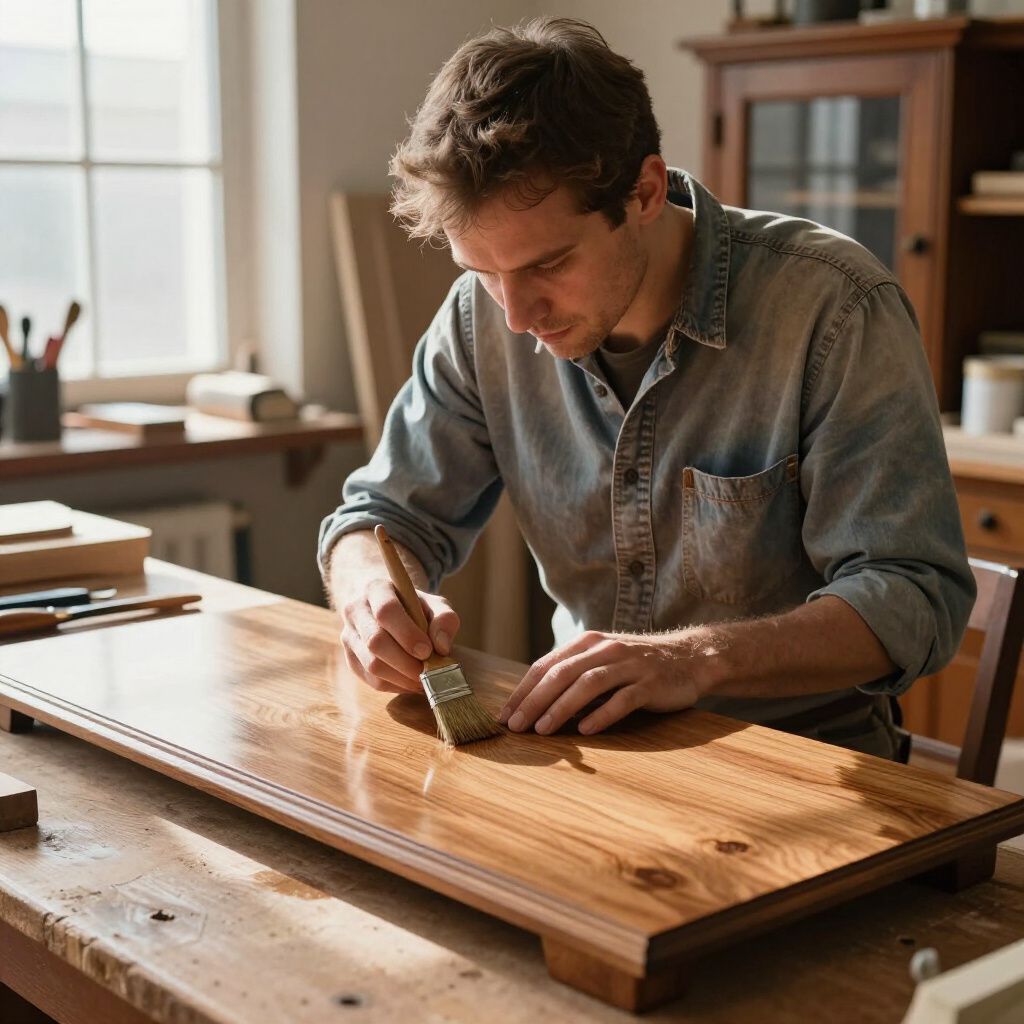 Uomo che applica la vernice al piano di un tavolo in legno con un pennello in un laboratorio.