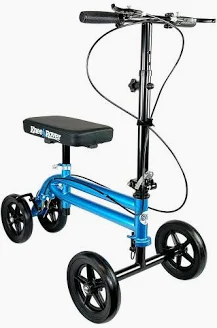 Blue knee scooter for mobility, with black seat, wheels, and handlebars.