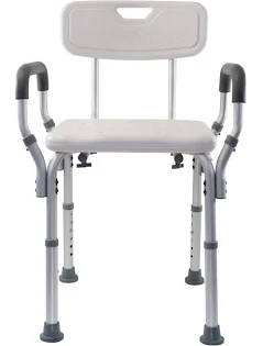 White and silver shower chair with back, armrests, and adjustable legs.