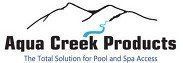 Logo for Aqua Creek Products: Black text and mountains with a blue stream. 
