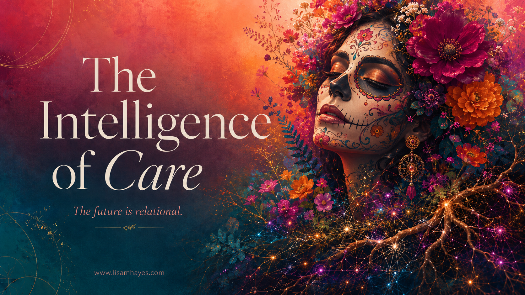 A colorful La Catrina surrounded by flowers, roots, and glowing networks