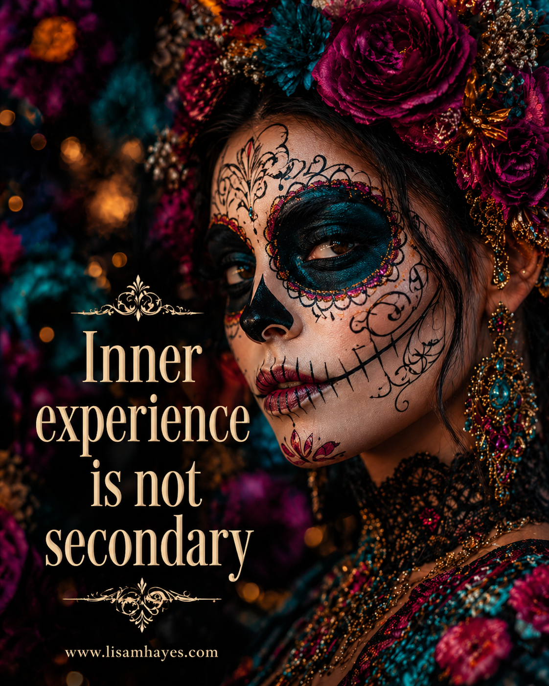 Woman with intricate sugar skull face paint and vibrant floral adornments, overlaid with text “Inner