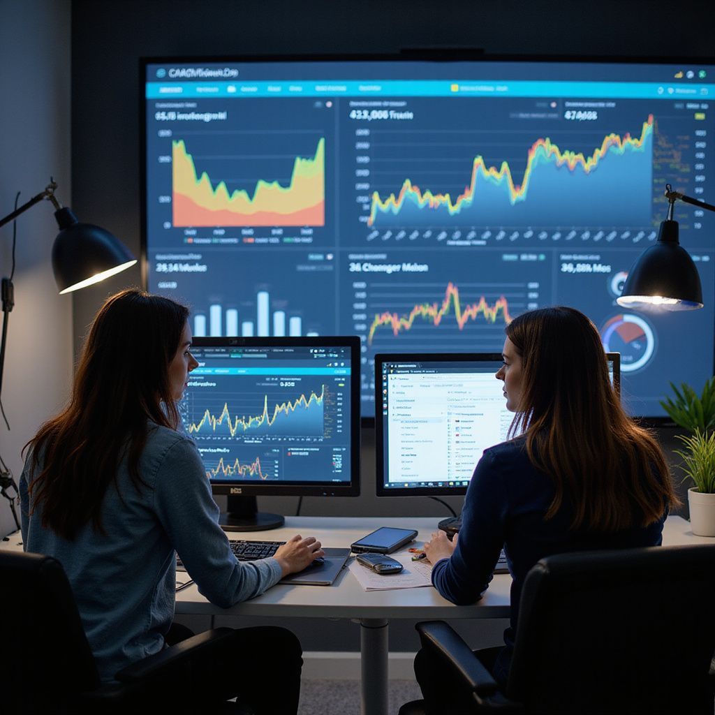 Two people analyzing data on computer screens in a dark office. Large display shows charts.