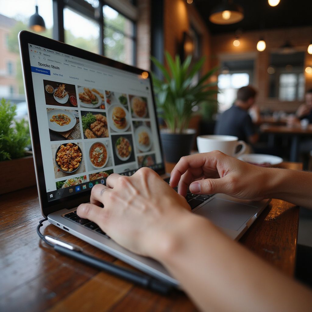 Person typing on laptop in a cafe, browsing food photos. A cup of coffee and plant are on the table.