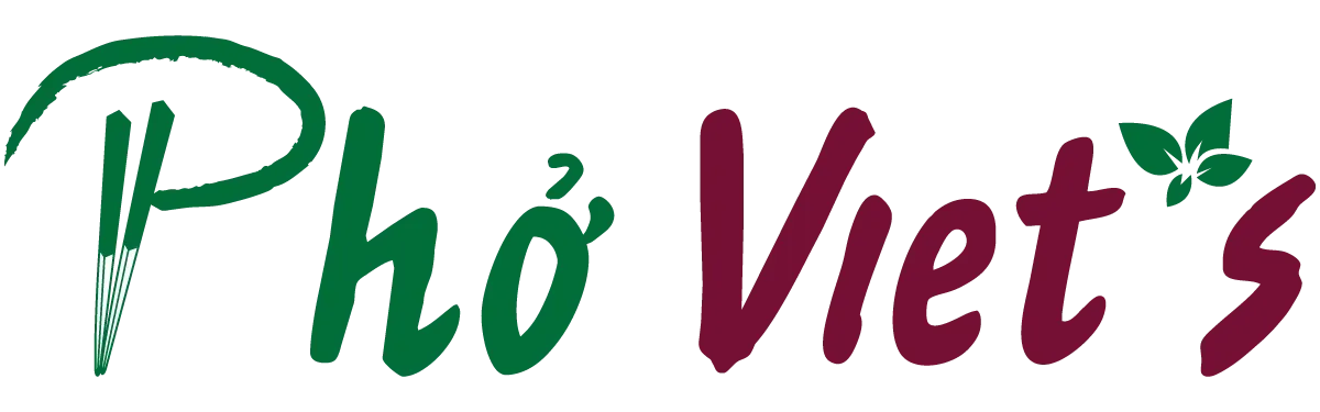 The logo for pho viet 's is green and red with leaves.