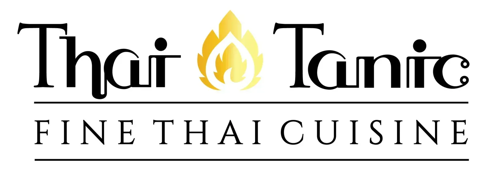 The logo for thai tamie fine thai cuisine has a flame on it.