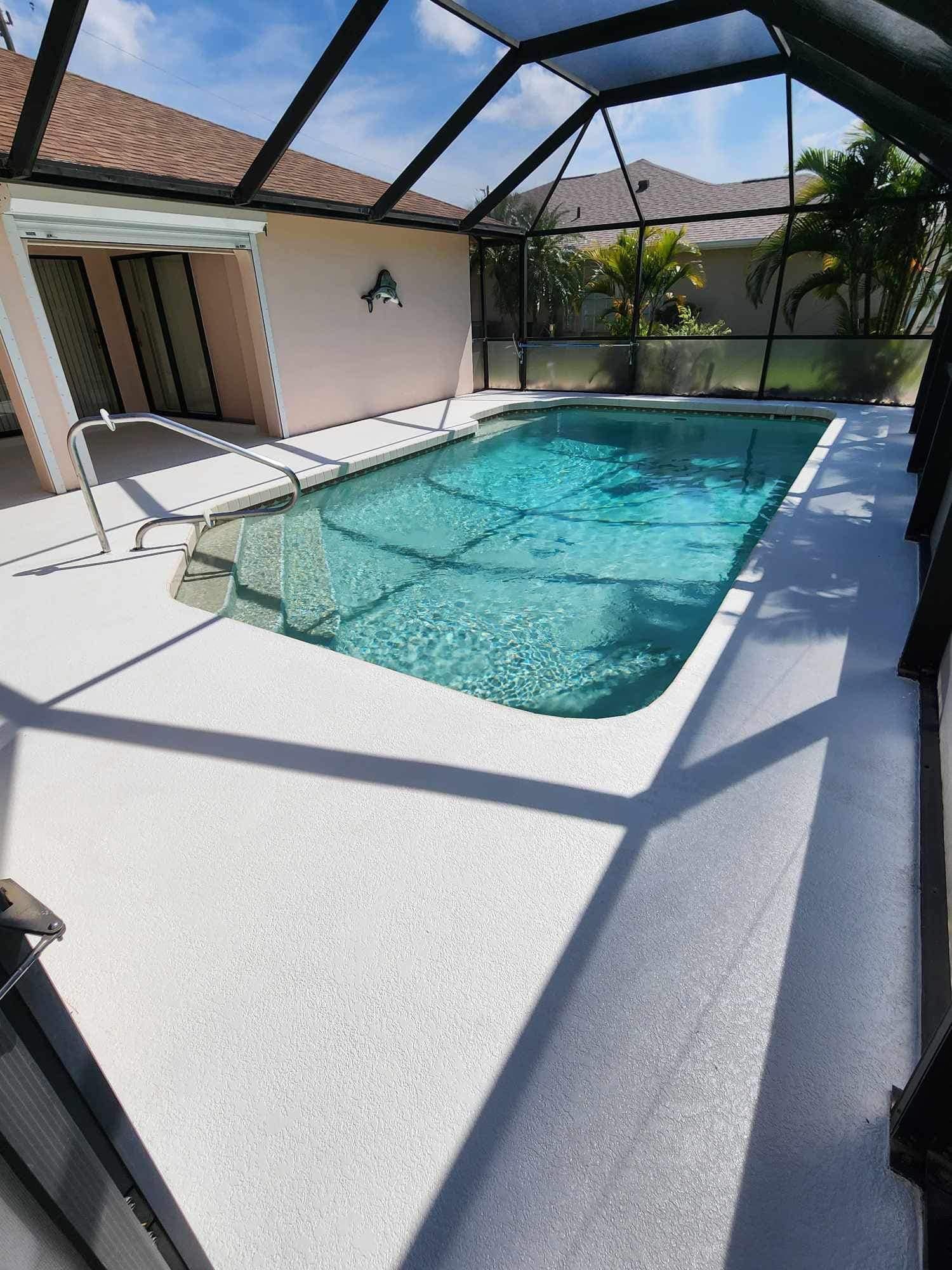 A screened in swimming pool with a dolphin on the wall
