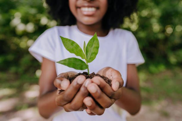 A young girl is holding a small plant in her hands.