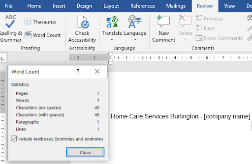 view word count for Title Tag in Microsoft Word
