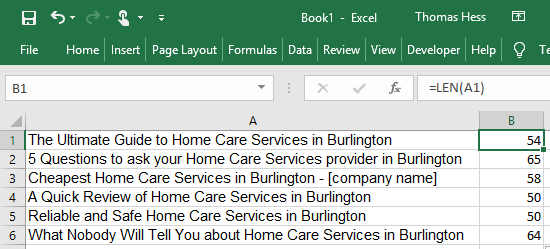 check length of Title Tag in Microsoft Excel