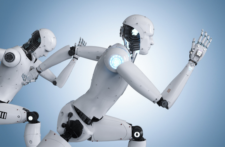 Two white robots running on a blue background.