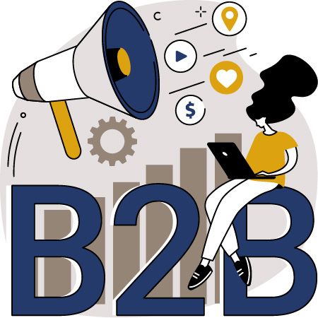 A woman is sitting on a b2b sign with a laptop and a megaphone.