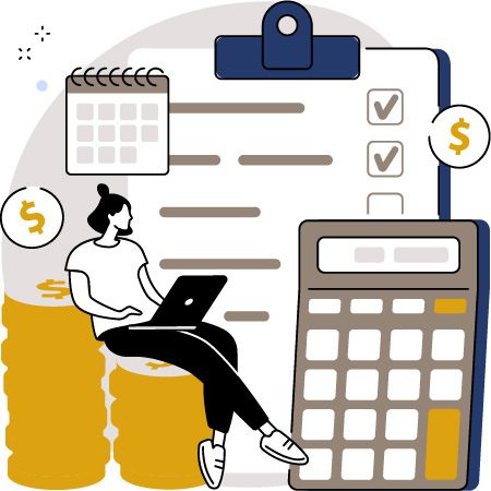A woman is sitting on a pile of coins using a laptop and a calculator.