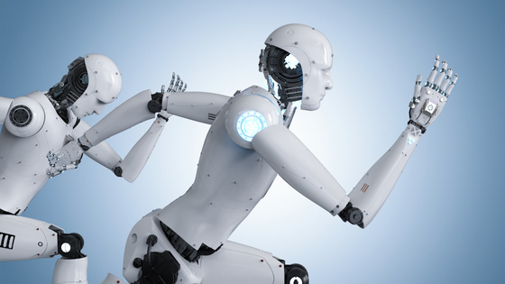 Two white robots running on a blue background.